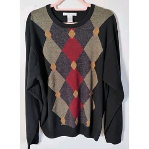 Vintage Geoffrey Beene Argyle Sweater Men's‎ XL Black Red Green Grandpa Core 90s